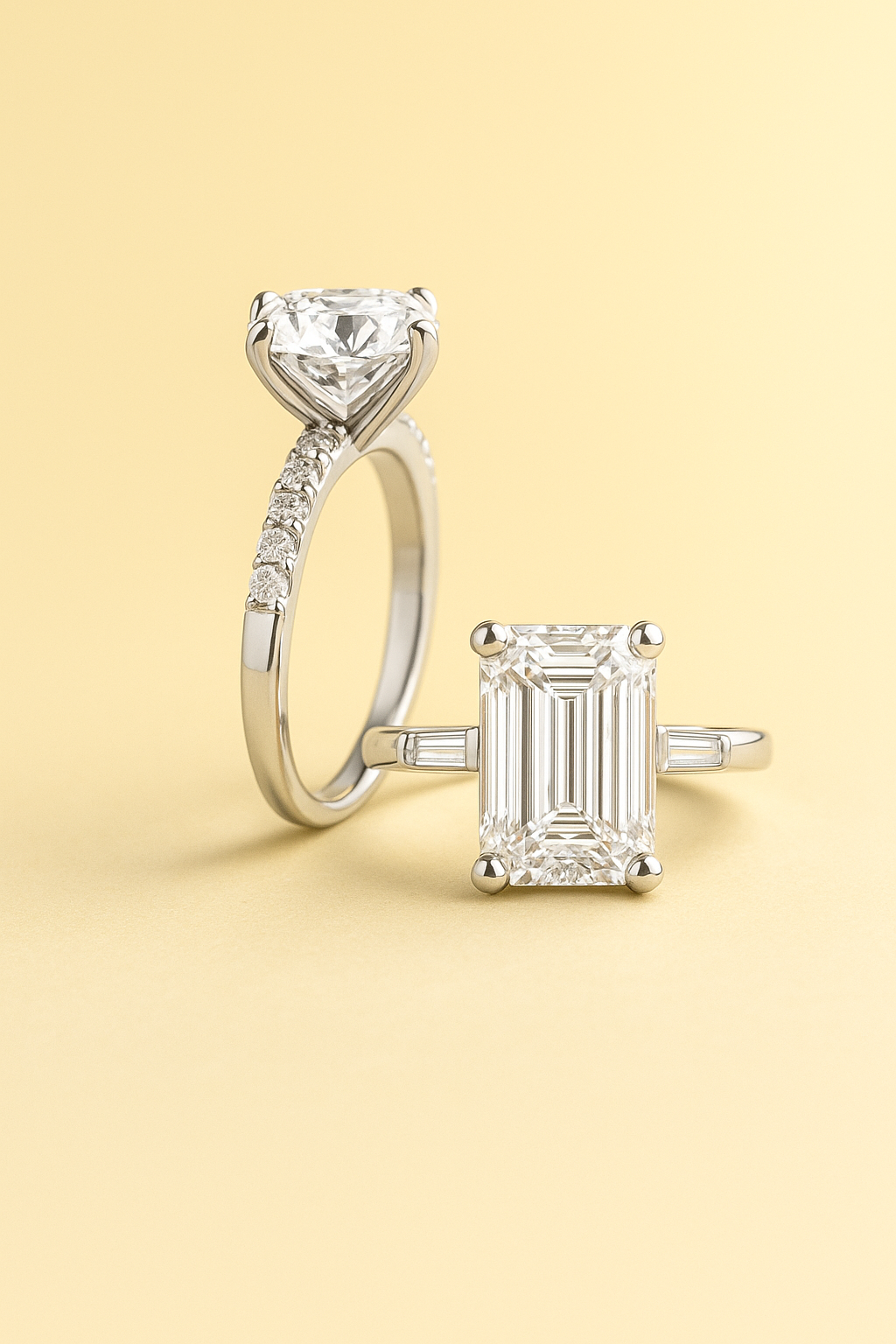Two platinum engagement rings photographed on a pale yellow background
